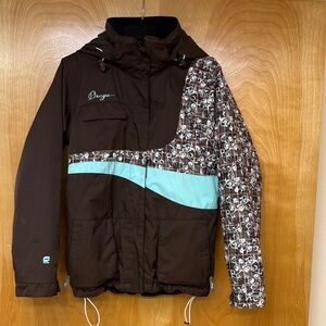 Orage Brown and Aqua Ski Jacket with Patterned Sleeve